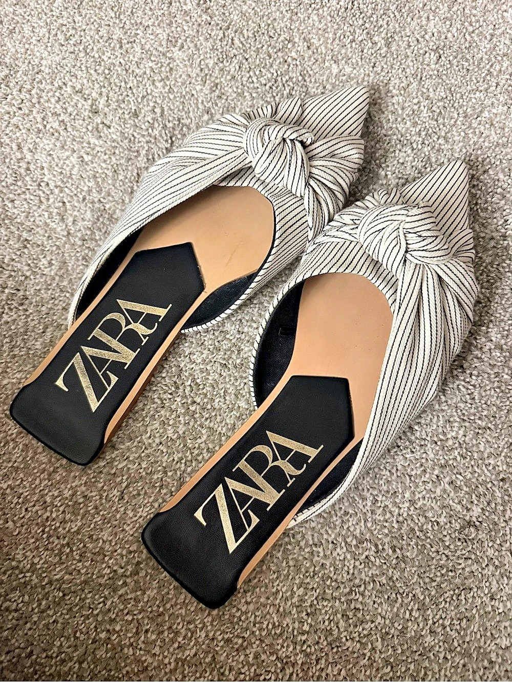 Zara Striped Knotted Pointed Toe Mules White & Black EU 39